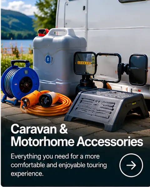 Caravan and motorhome touring accessories including water and electrical equipment