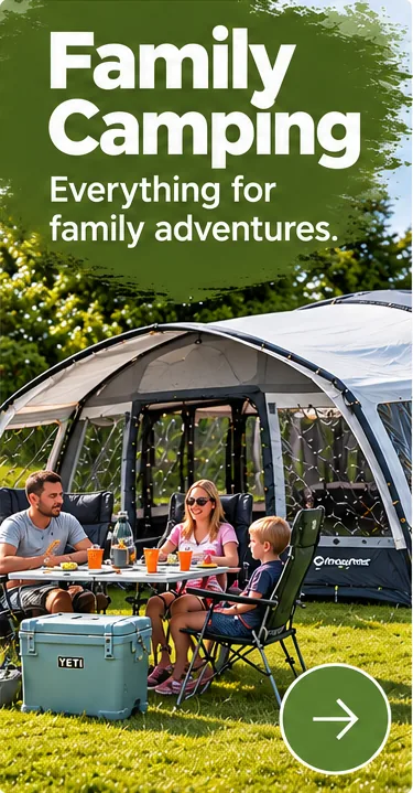 Family camping with a spacious tent, outdoor furniture and camping equipment