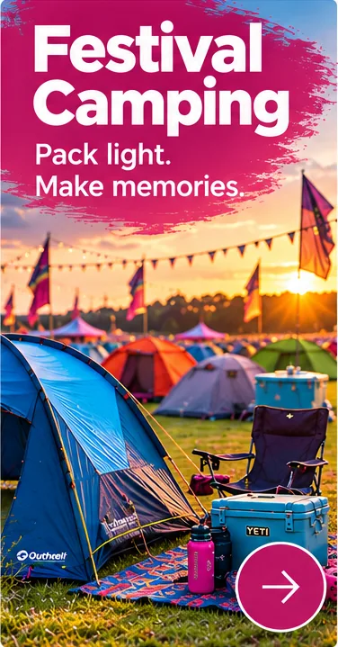 Festival camping with colourful tents and essential weekend camping equipment