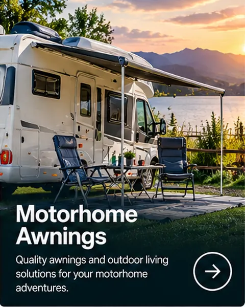 Motorhome with an extended sun canopy and outdoor camping furniture