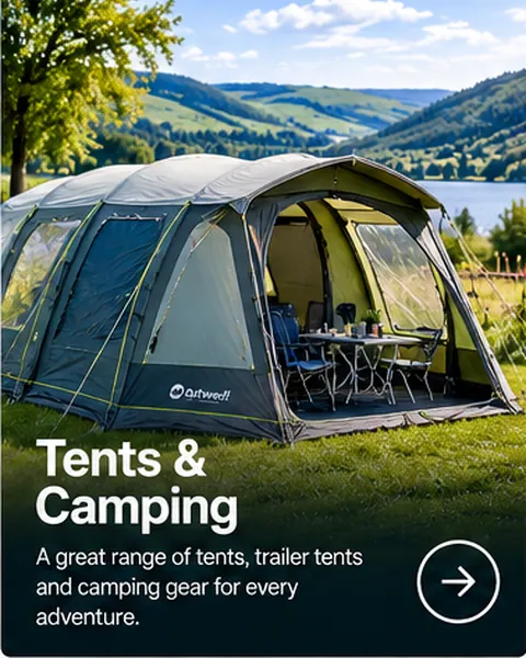 Family camping tent in a scenic countryside setting