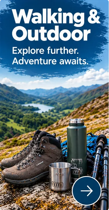 Walking and hiking equipment including outdoor boots, backpacks and walking accessories
