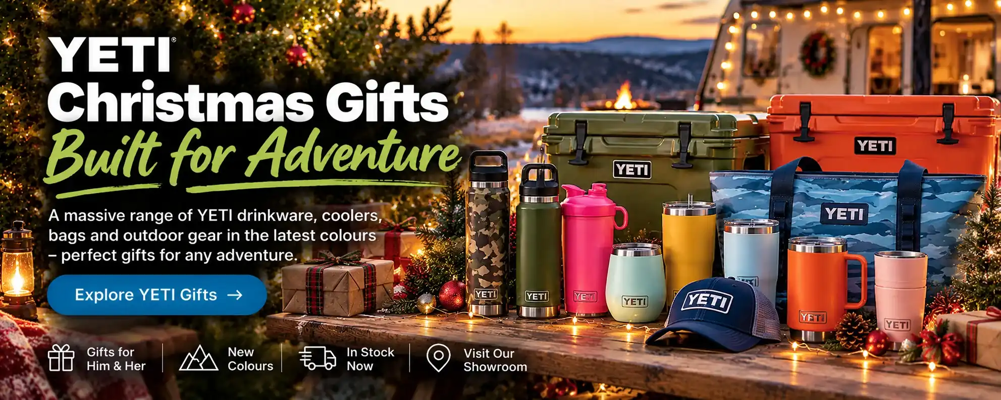 YETI Christmas gifts including colourful Rambler drinkware, coolers, bags and outdoor accessories