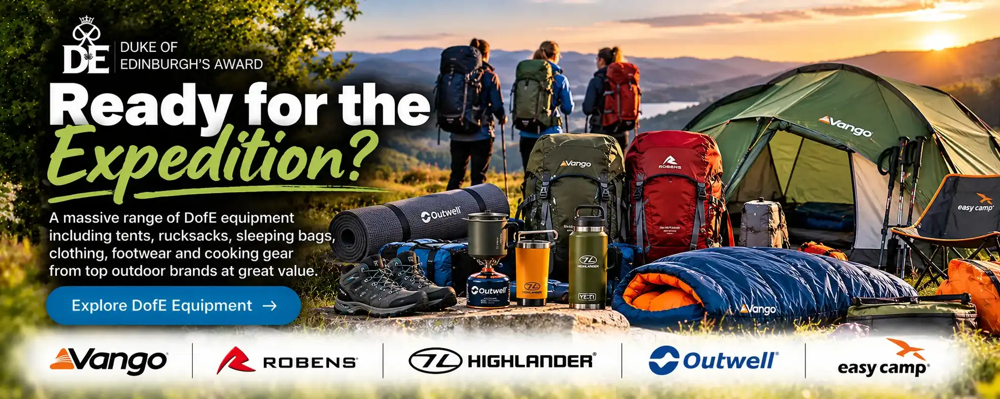 Duke of Edinburgh expedition equipment including tents, rucksacks and camping gear at UBC Shop