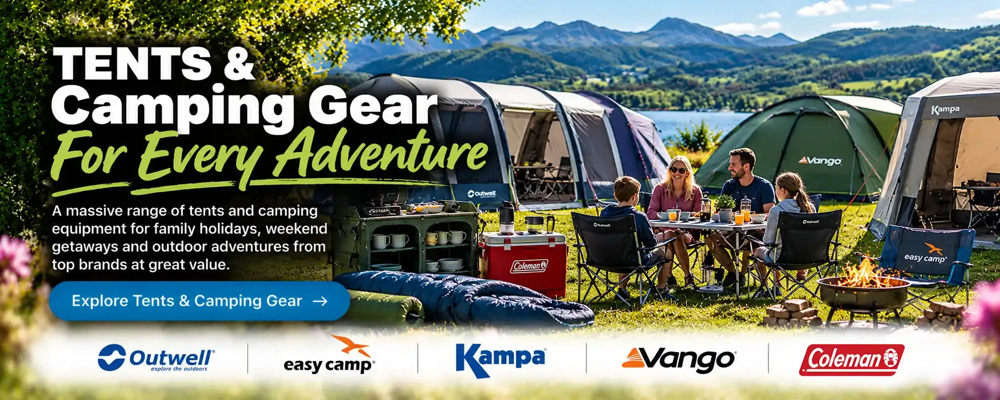 Family tents, weekend tents and camping equipment from Outwell, Easycamp, Kampa, Vango and Coleman